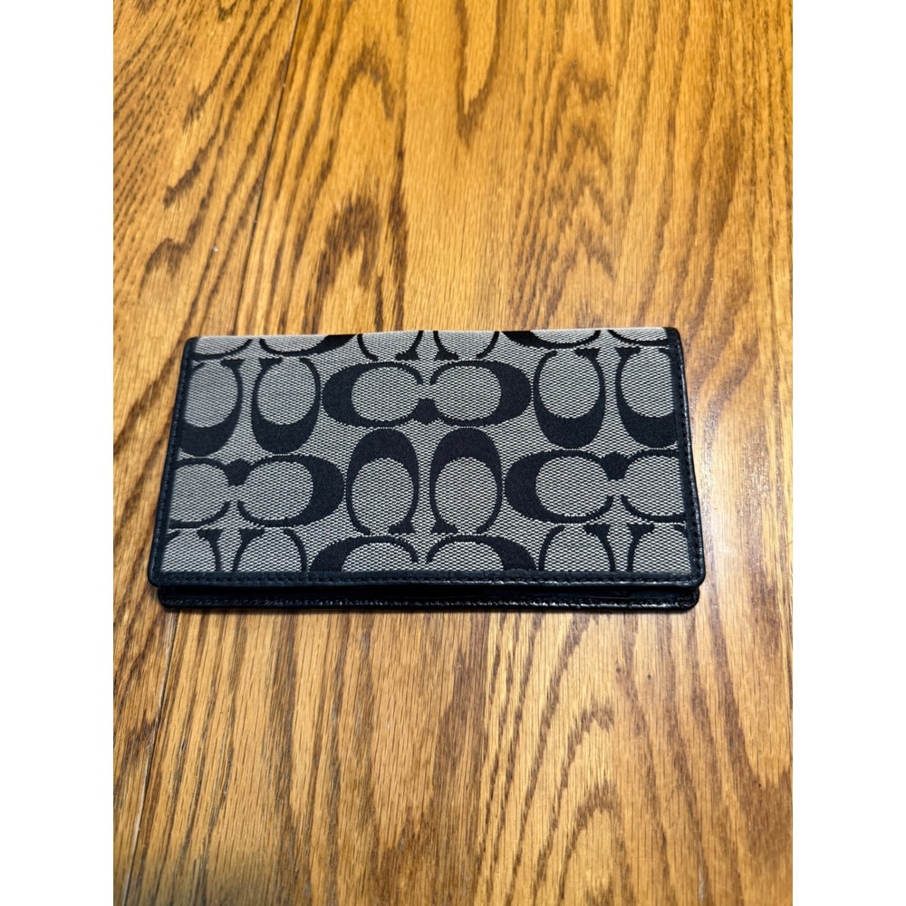 Coach Signature Jacquard Leather Checkbook Cover Black Grey